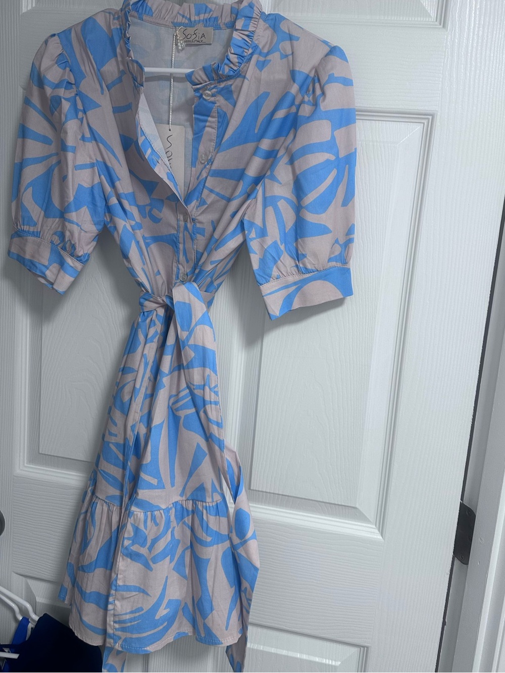 Sofia made in Italy Blue Leaf-Print Tie-Front Mini Dress